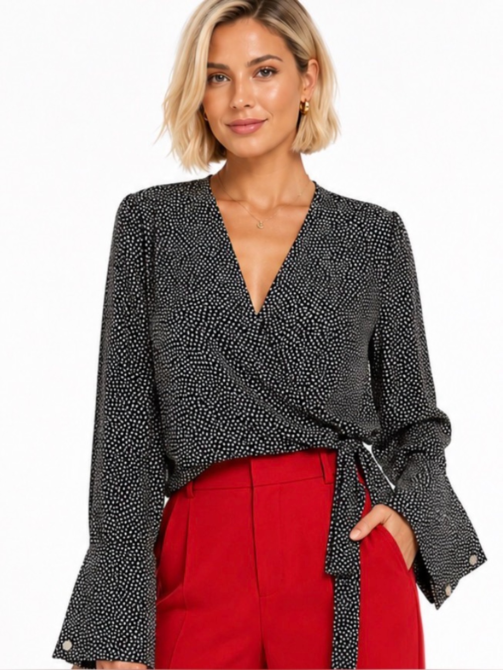 Zara Black & White Polka Dot Faux Wrap Blouse with Wide Cuff Sleeves - Picture 3 of 16
